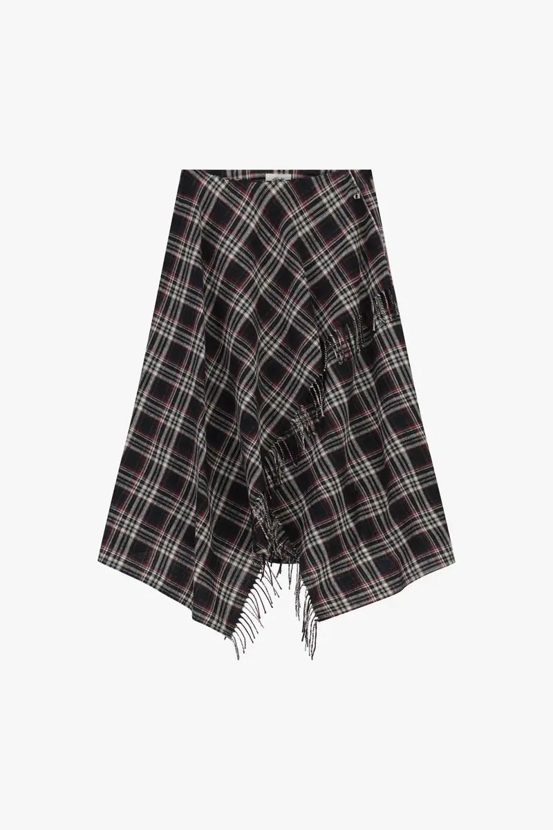Gonna lunga asimmetrica a quadri con frange