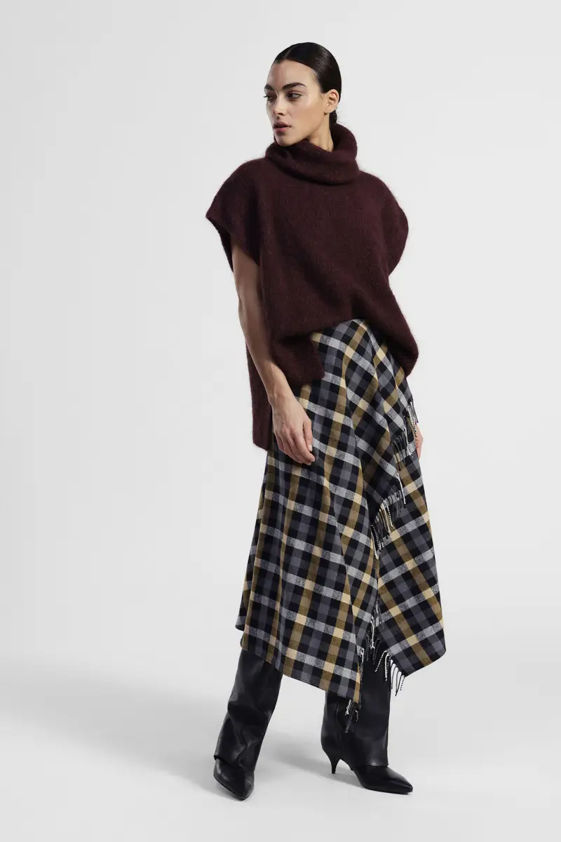 Gonna lunga asimmetrica a quadri con frange miniatura 3