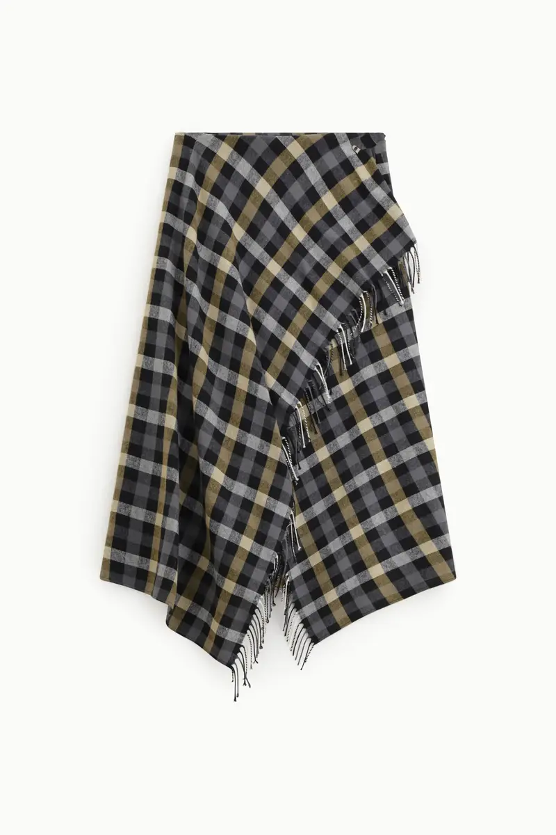 Gonna lunga asimmetrica a quadri con frange