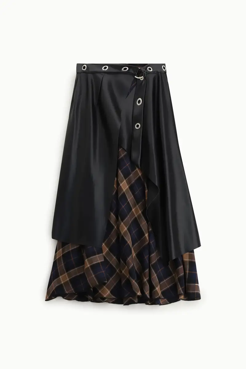 Gonna lunga asimmetrica con inserto a quadri