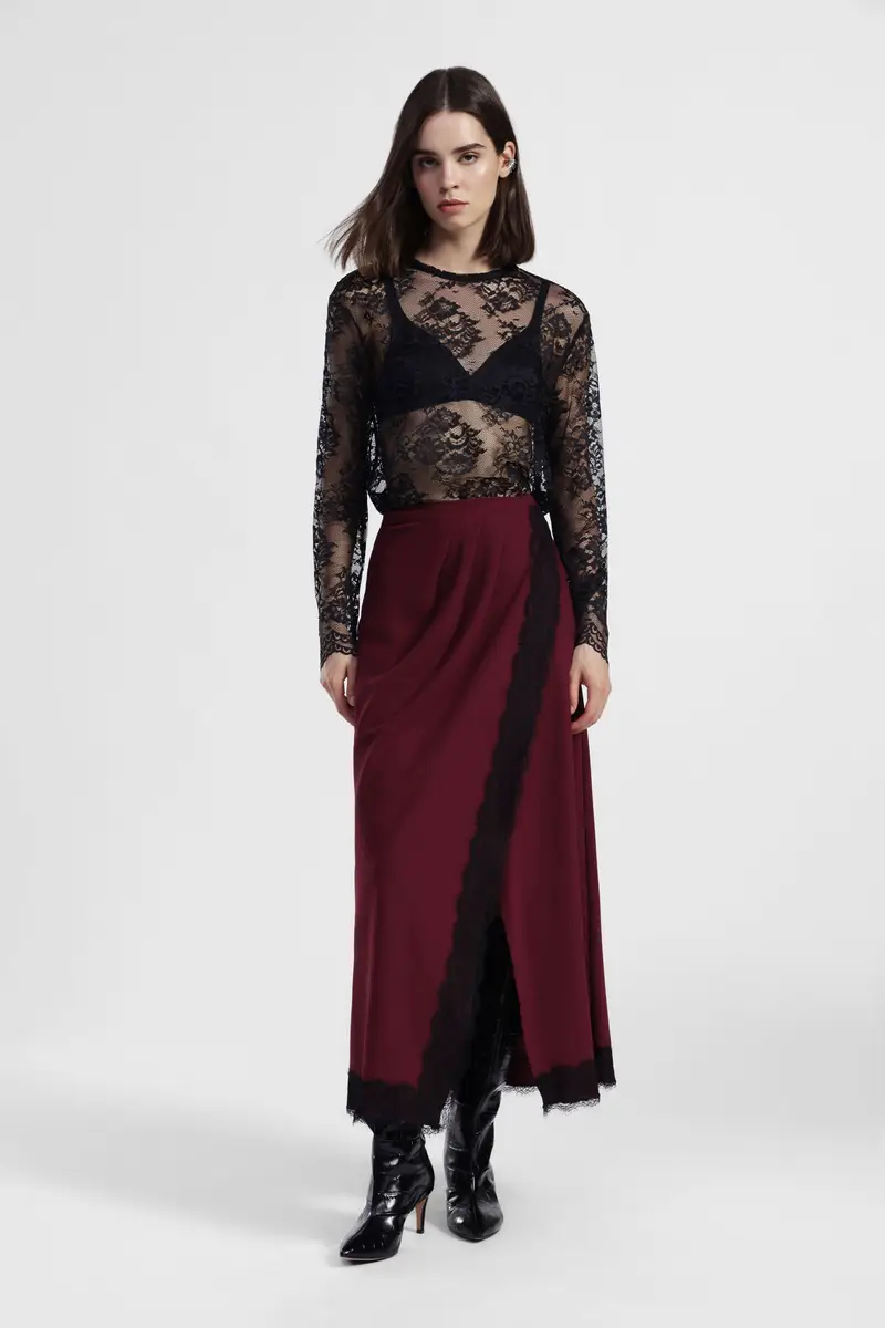 Gonna lunga con bordo in pizzo e vita alta miniatura 2