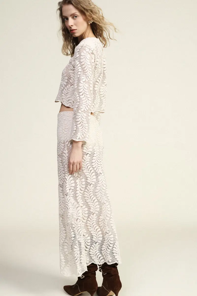 Gonna lunga con motivo pizzo e vita alta miniatura 3