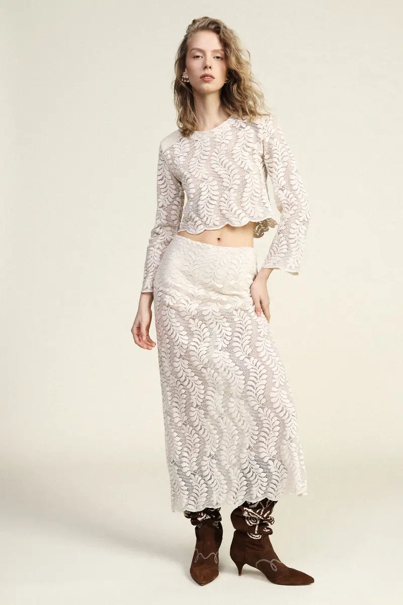 Gonna lunga con motivo pizzo e vita alta miniatura 4