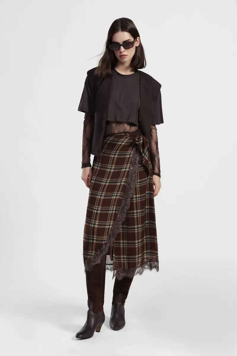 Gonna lunga portafoglio a quadri con bordo in pizzo miniatura 2