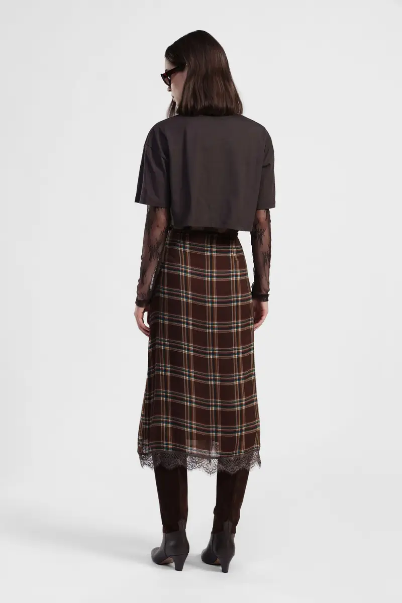 Gonna lunga portafoglio a quadri con bordo in pizzo miniatura 3