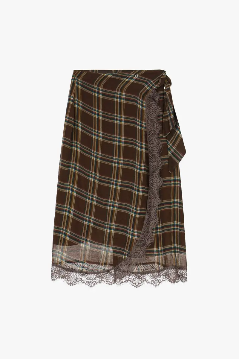 Gonna lunga portafoglio a quadri con bordo in pizzo