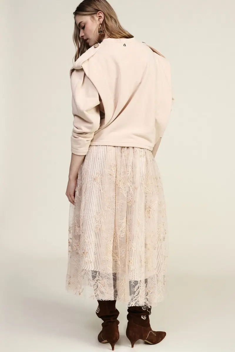 Gonna lunga ricamata con motivo floreale e vita alta miniatura 3