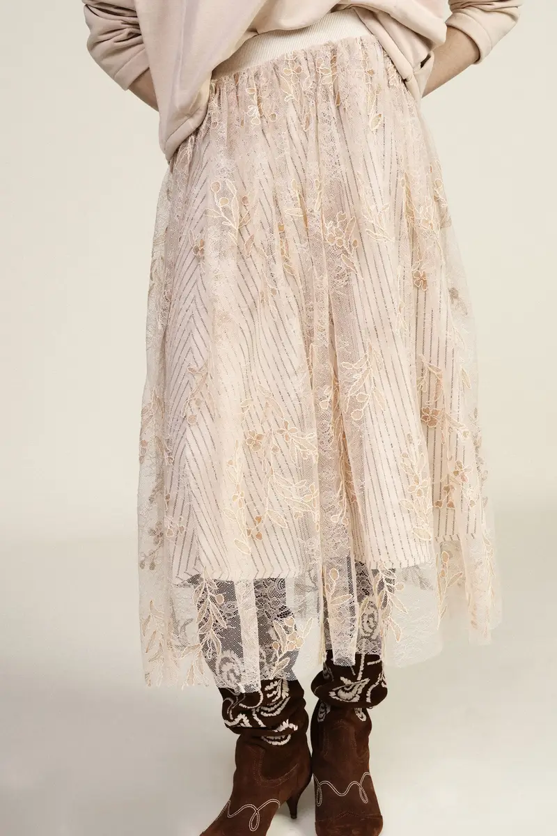Gonna lunga ricamata con motivo floreale e vita alta miniatura 4