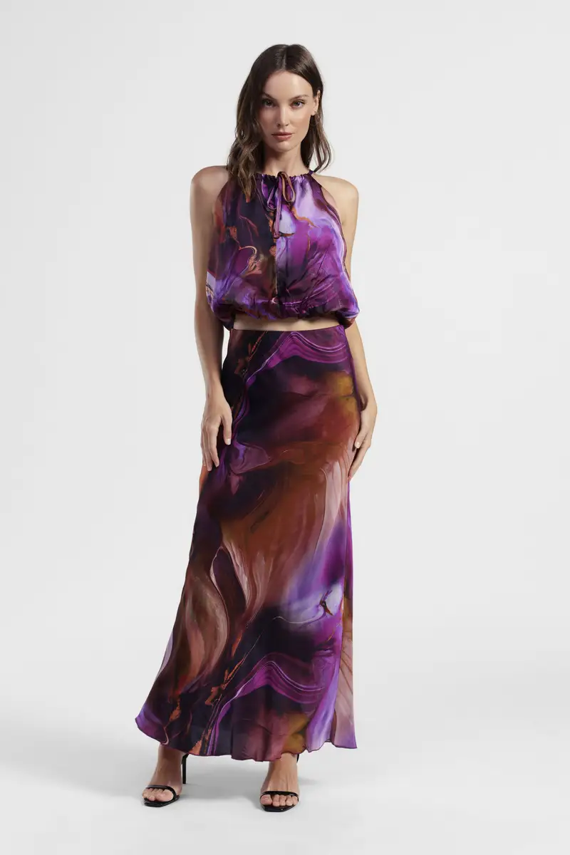 Gonna lunga stampata a vita alta fluida miniatura 2