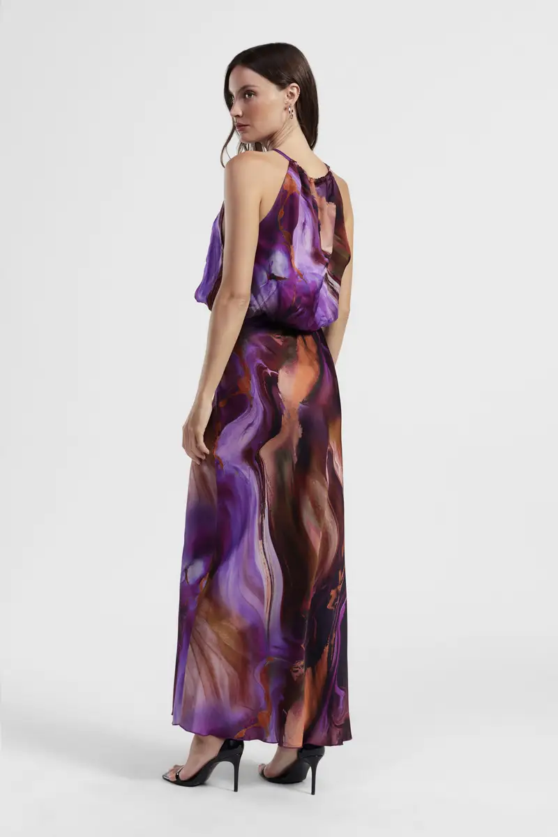 Gonna lunga stampata a vita alta fluida miniatura 3