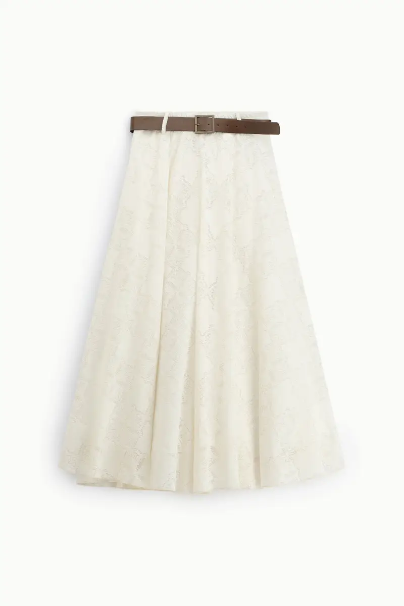 Gonna lunga stampata con cintura e fantasia traforata