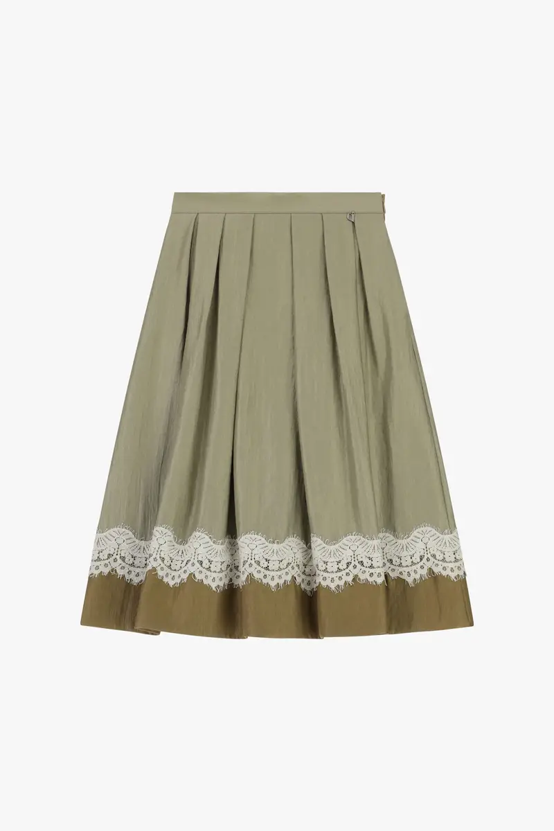 Gonna midi a pieghe con bordo a contrasto e pizzo