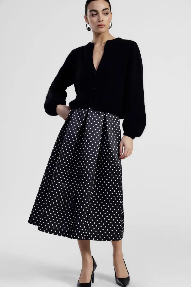 Gonna midi a pieghe vita alta pois miniatura 2