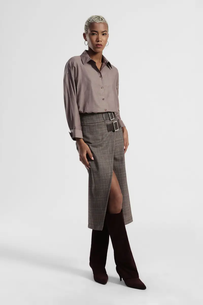 Gonna midi a portafoglio con doppia fibbia e motivo check miniatura 2