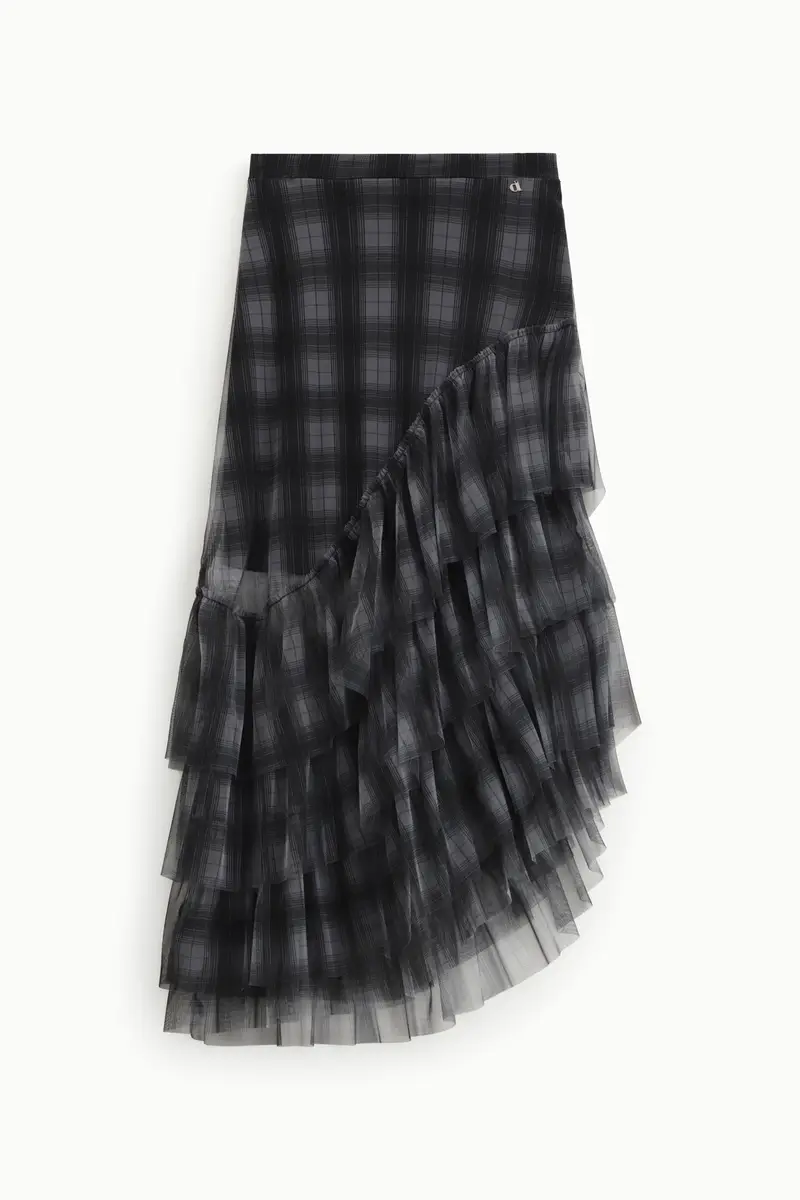 Gonna midi a quadri con balze in tulle