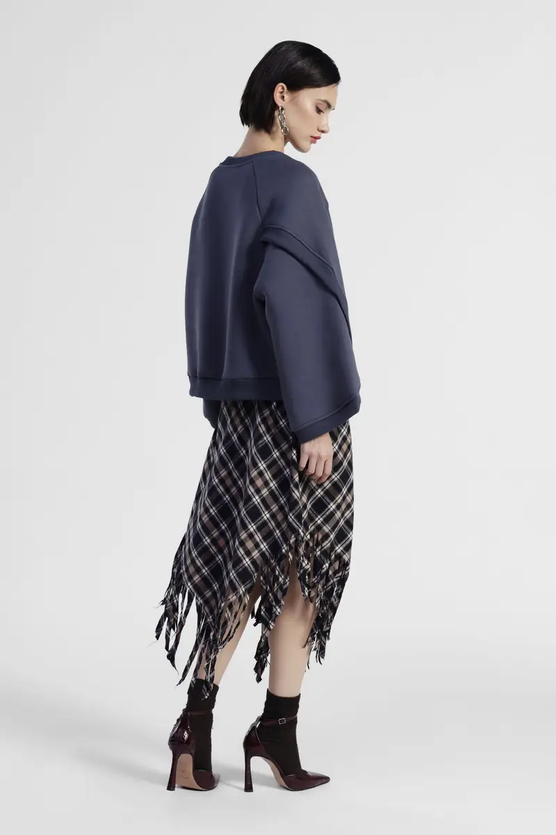 Gonna midi a quadri con frange laterali miniatura 3