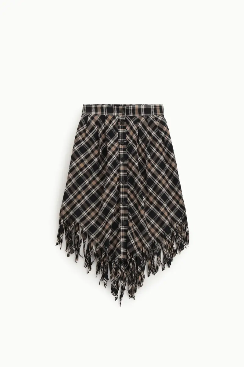 Gonna midi a quadri con frange laterali