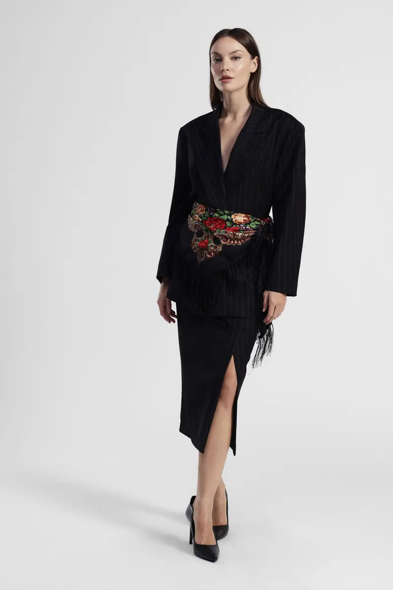 Gonna midi a righe con foulard stampato e frange miniatura 2