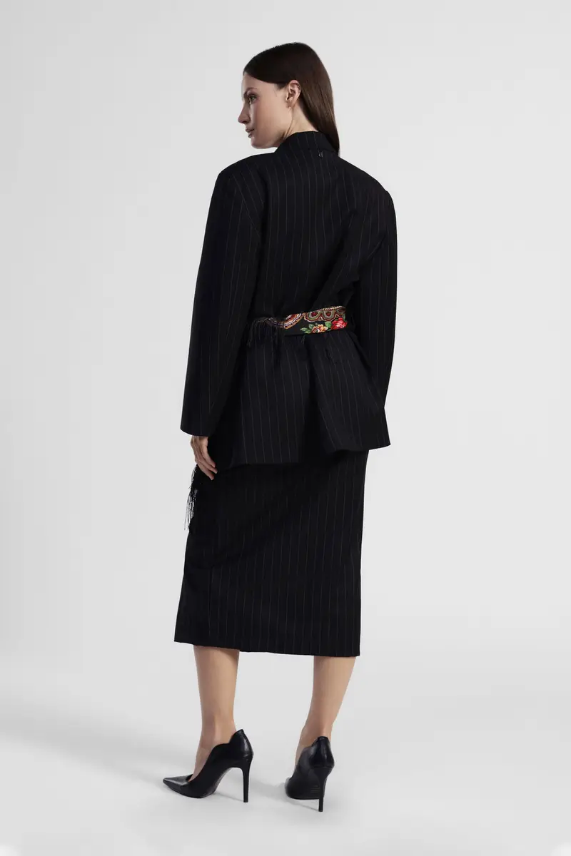 Gonna midi a righe con foulard stampato e frange miniatura 3