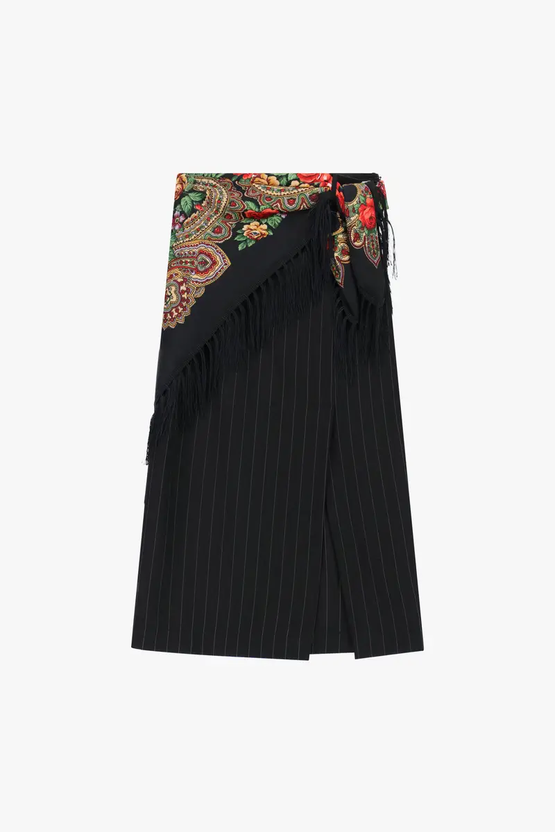 Gonna midi a righe con foulard stampato e frange