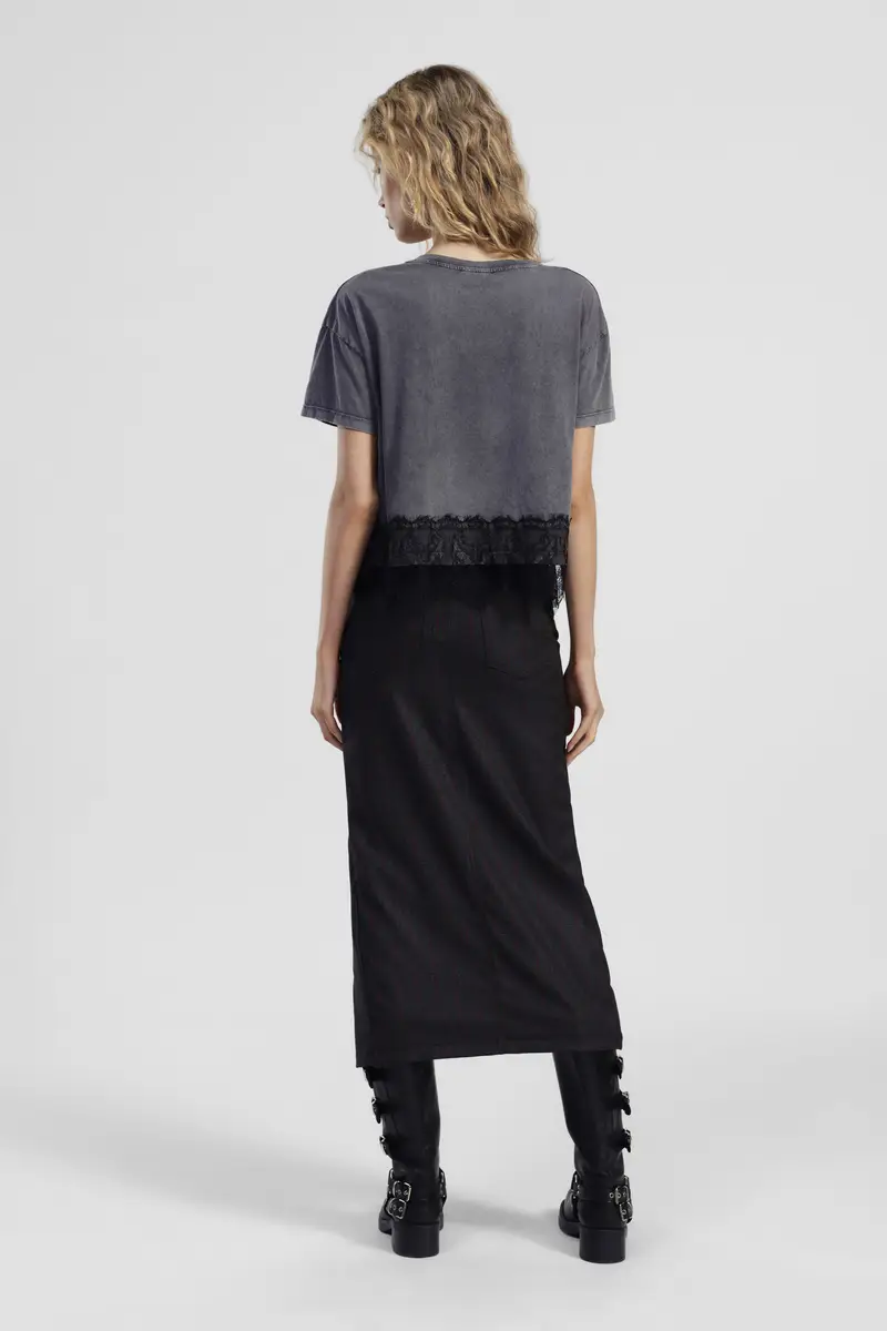 Gonna midi a righe con spacco frontale miniatura 3