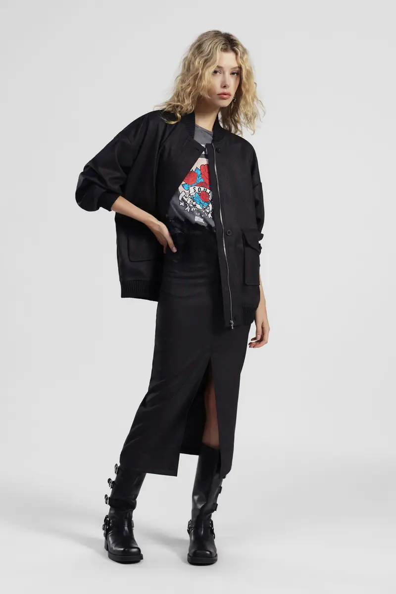 Gonna midi a righe con spacco frontale miniatura 2