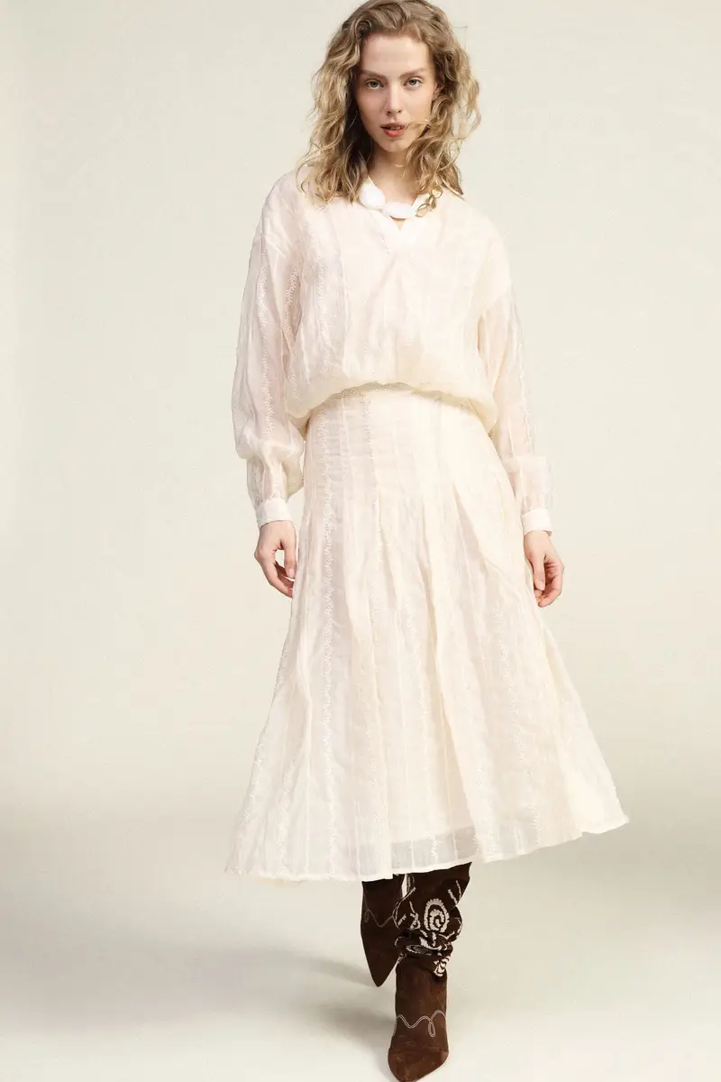 Gonna midi a vita alta con pieghe miniatura 2