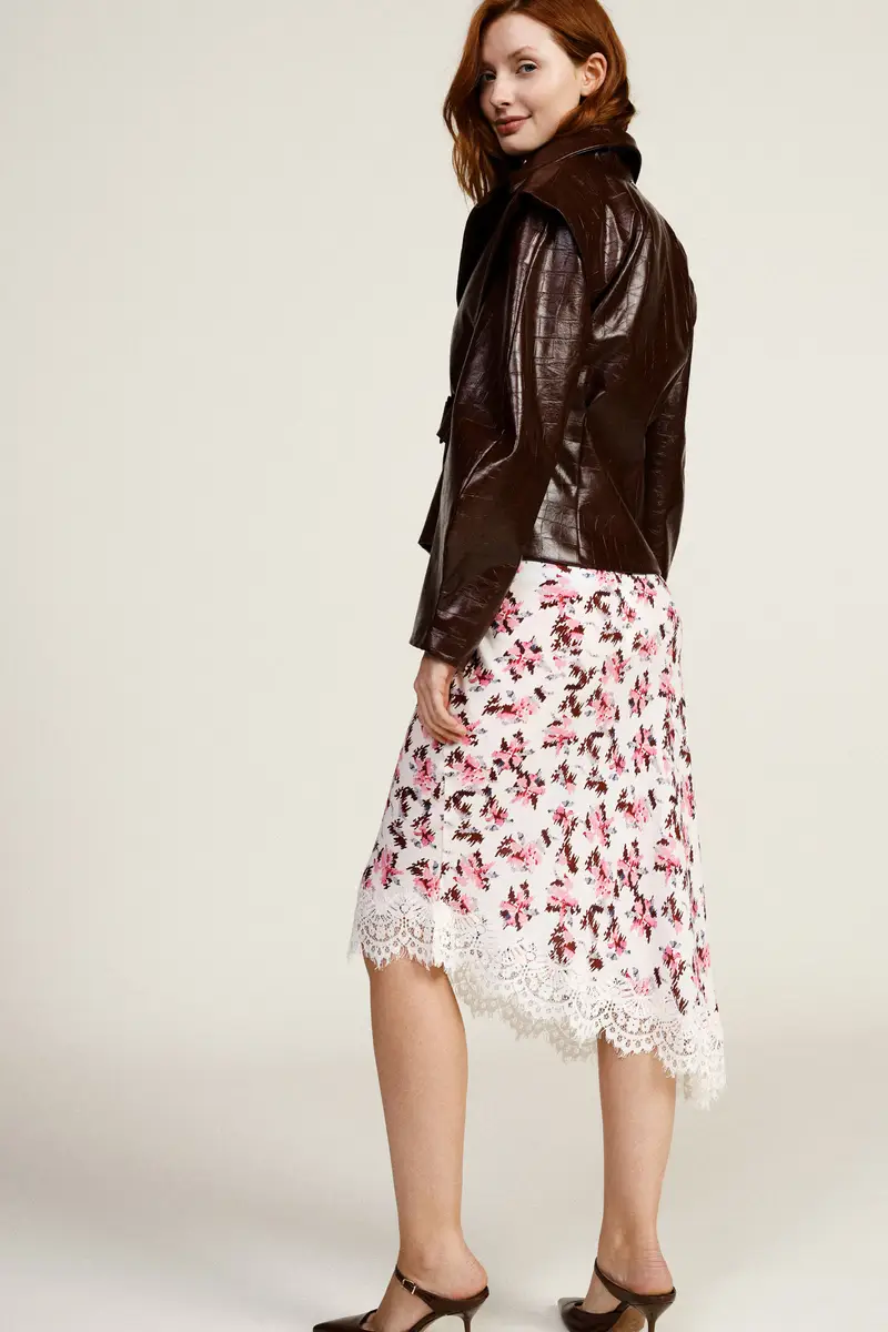 Gonna midi asimmetrica con pizzo stampata miniatura 3