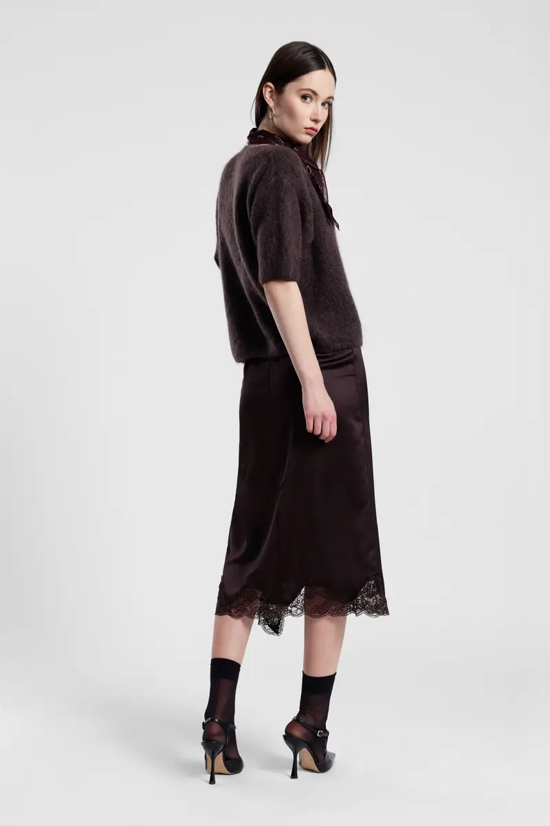 Gonna midi con bordo in pizzo e spacco miniatura 3