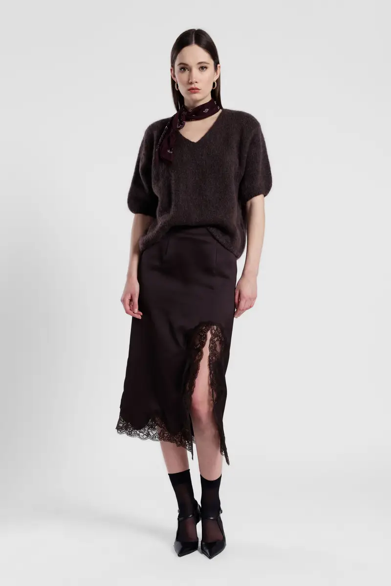 Gonna midi con bordo in pizzo e spacco miniatura 2