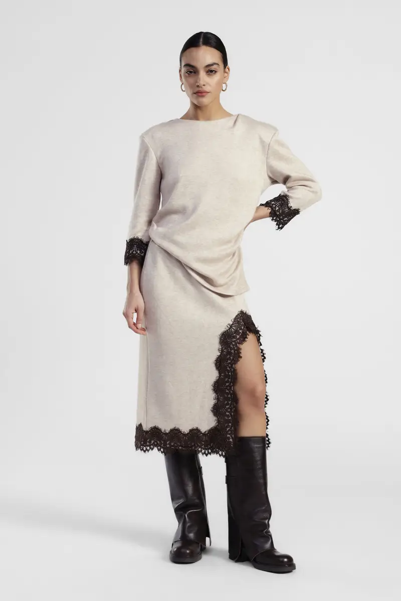 Gonna midi con inserto pizzo e spacco miniatura 2