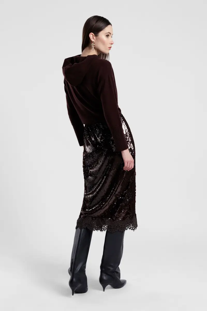 Gonna midi con paillettes e dettaglio pizzo miniatura 3