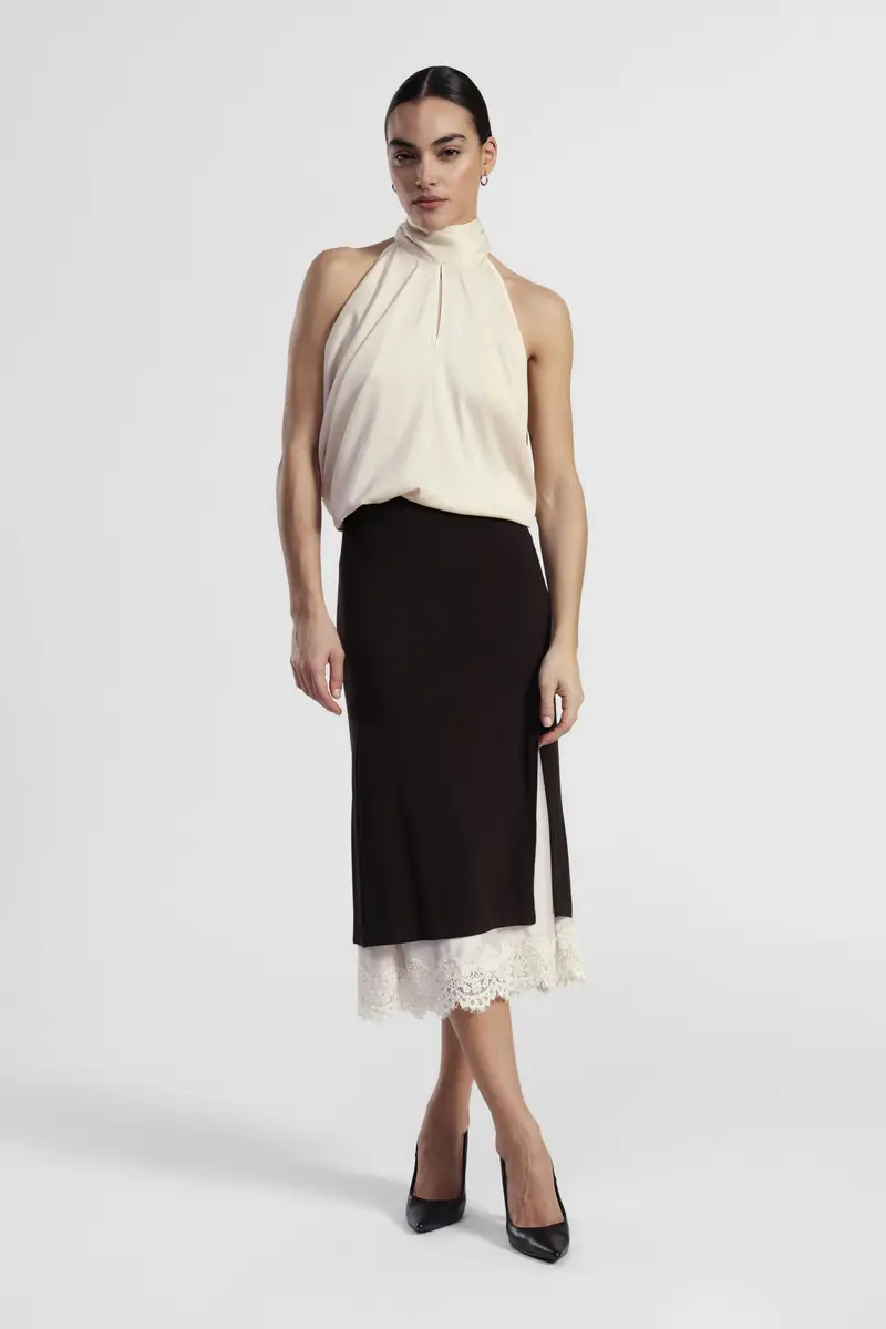 Gonna midi con spacco e bordo in pizzo miniatura 2