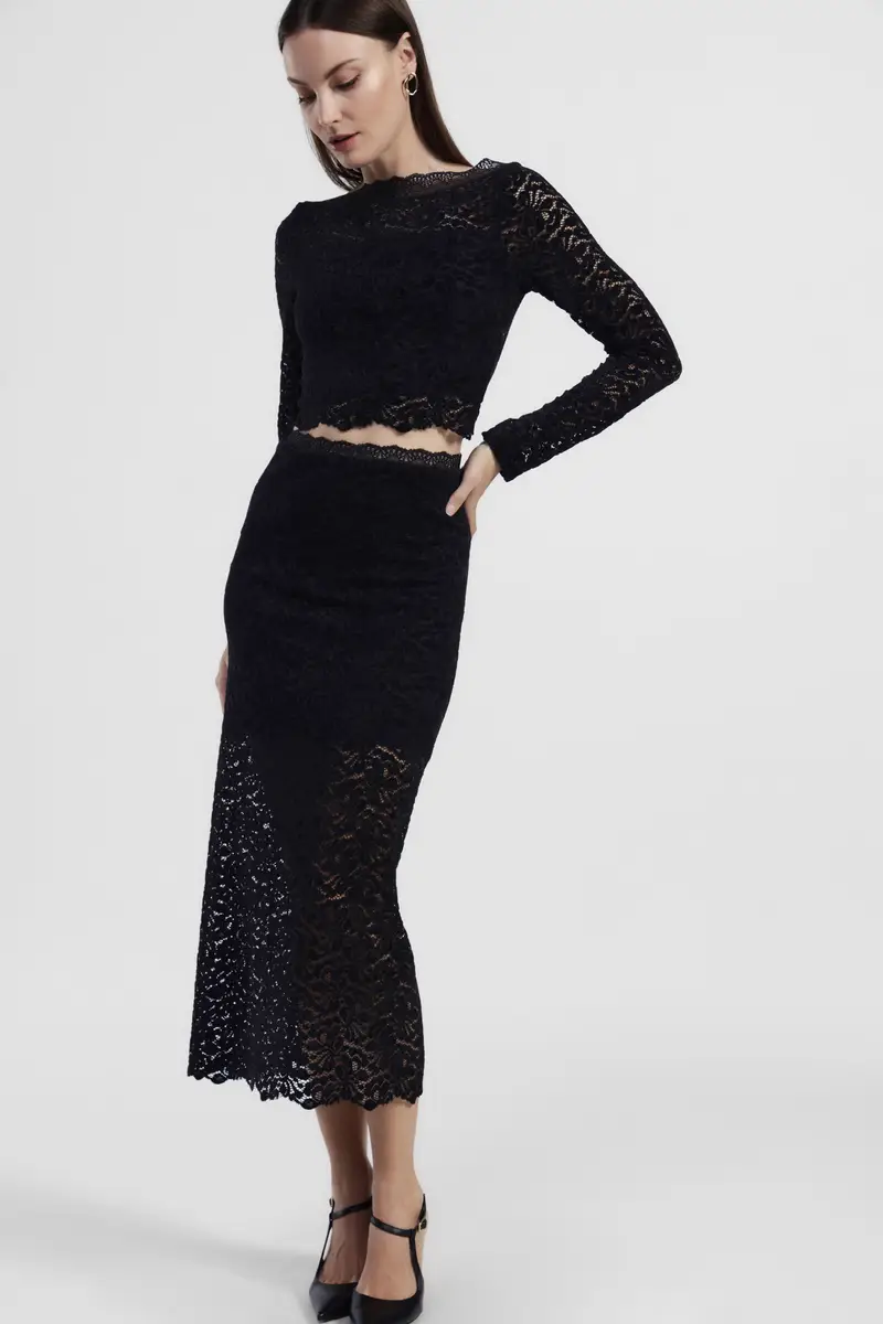 Gonna midi in pizzo con vita alta miniatura 2