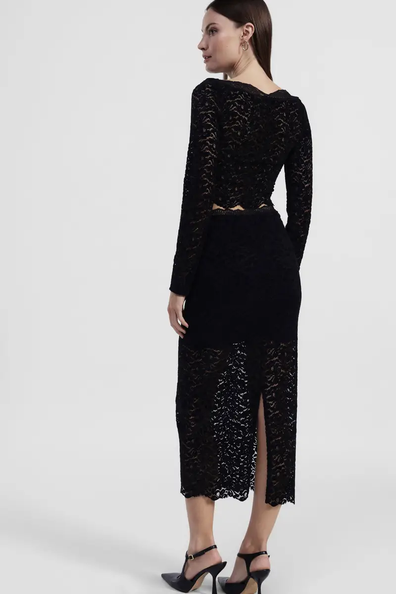 Gonna midi in pizzo con vita alta miniatura 3