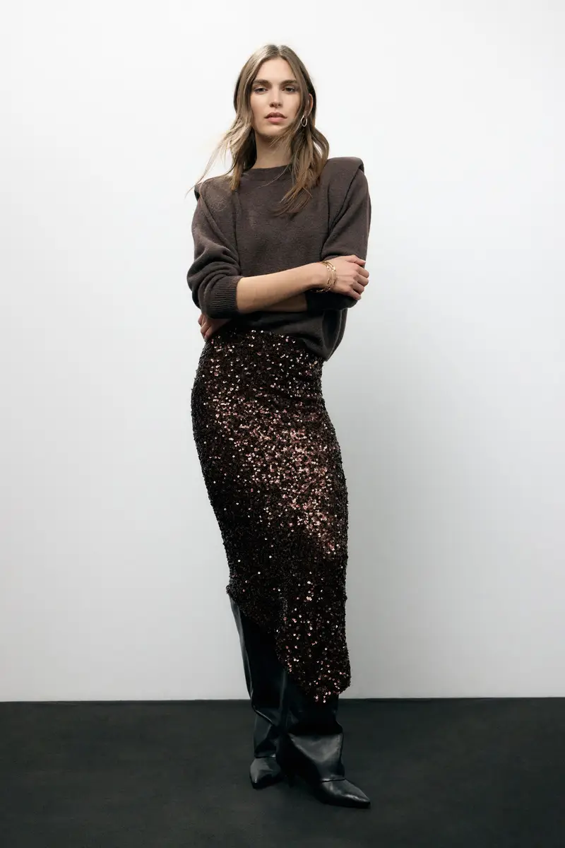 Gonna midi paillettes con spacco asimmetrico miniatura 2