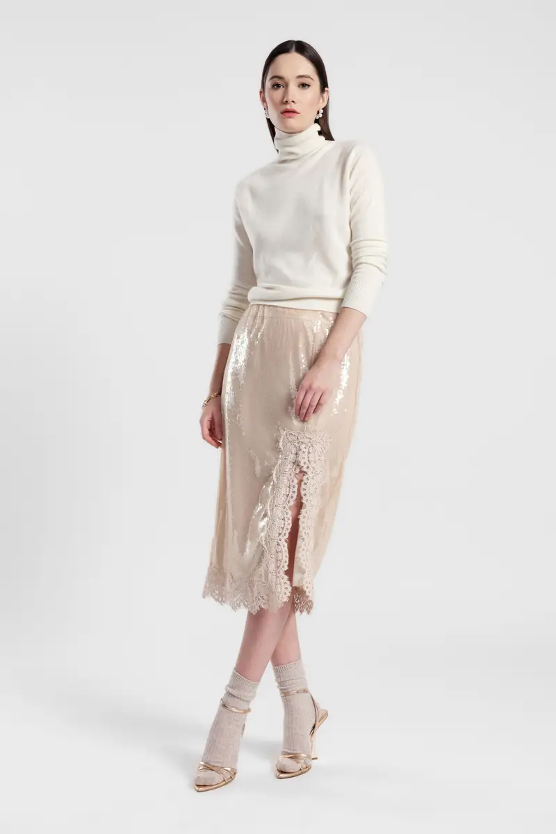 Gonna midi paillettes con spacco e bordo in pizzo miniatura 2