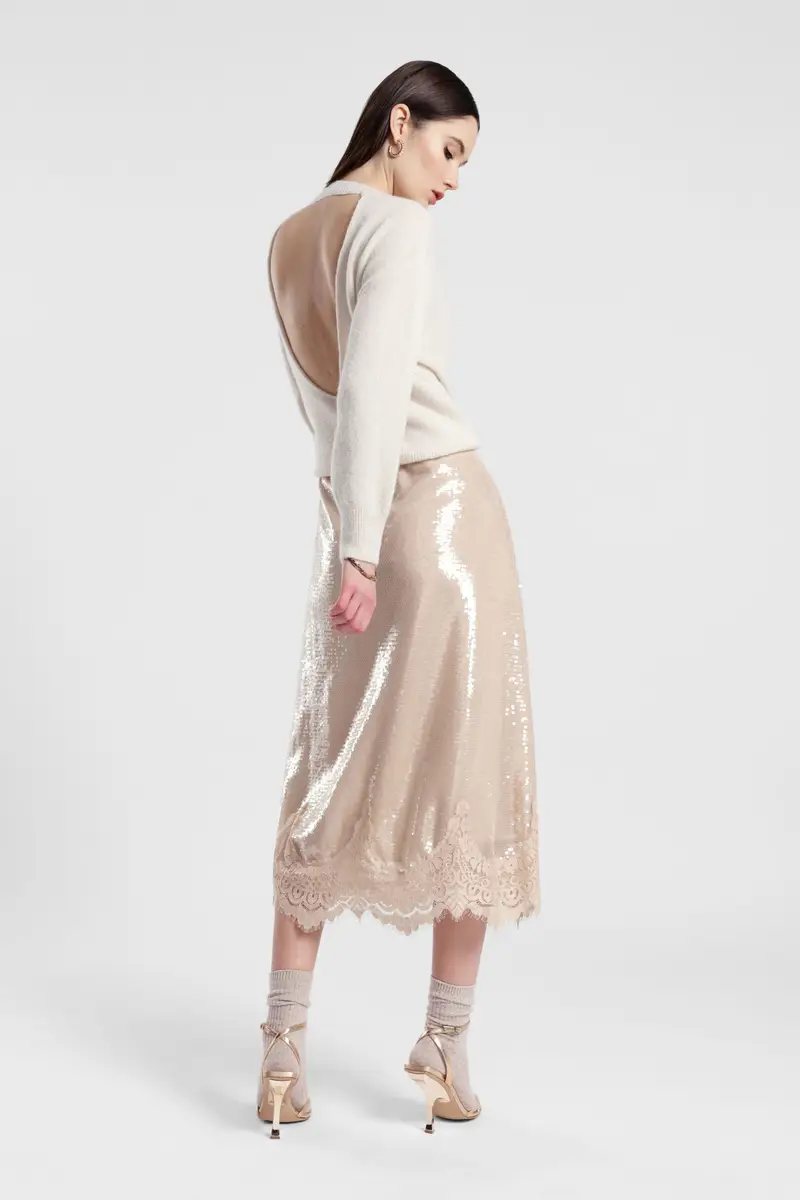 Gonna midi paillettes con spacco e bordo in pizzo miniatura 3