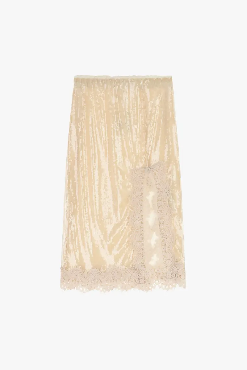 Gonna midi paillettes con spacco e bordo in pizzo