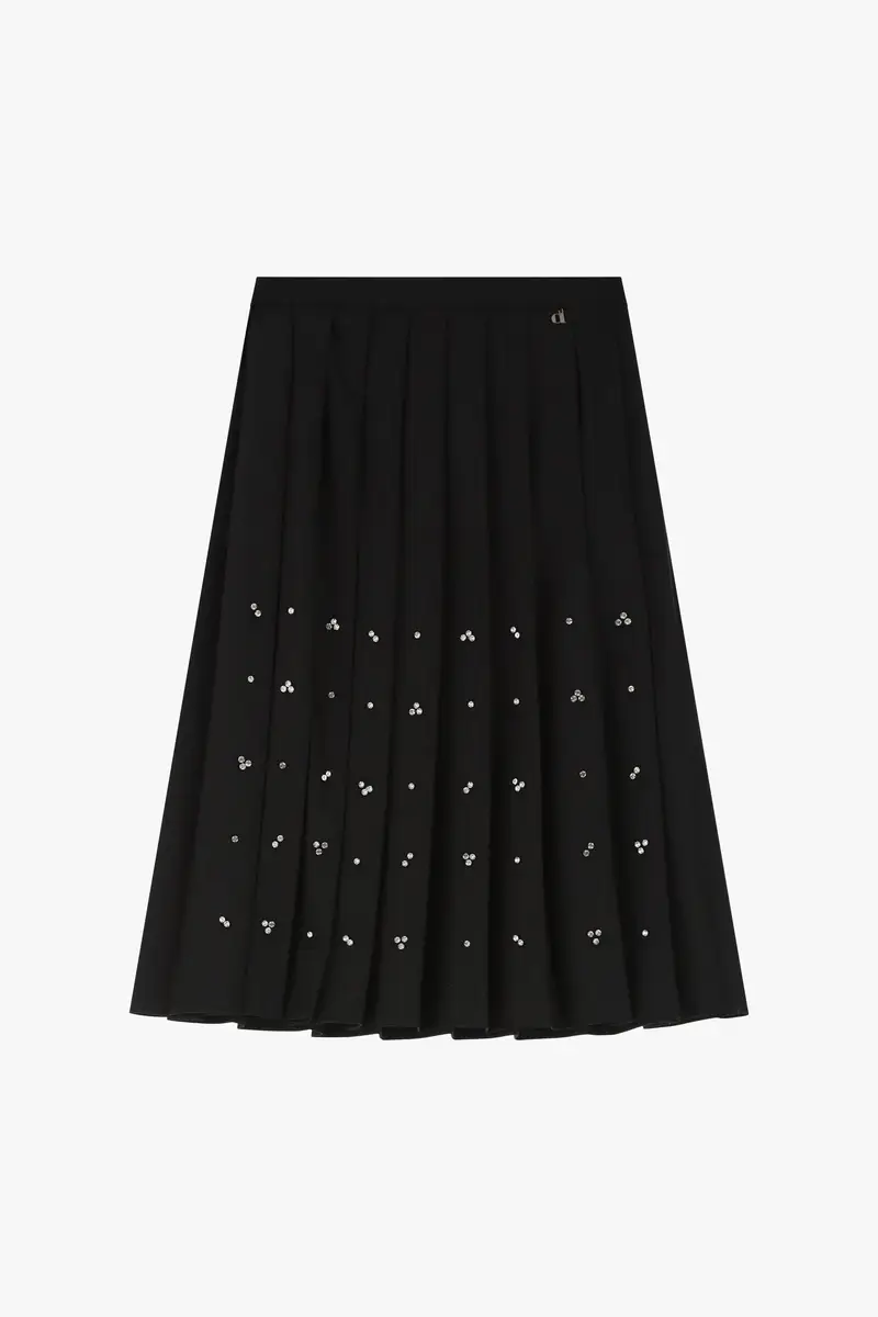 Gonna midi plissé vita alta con dettagli applicati