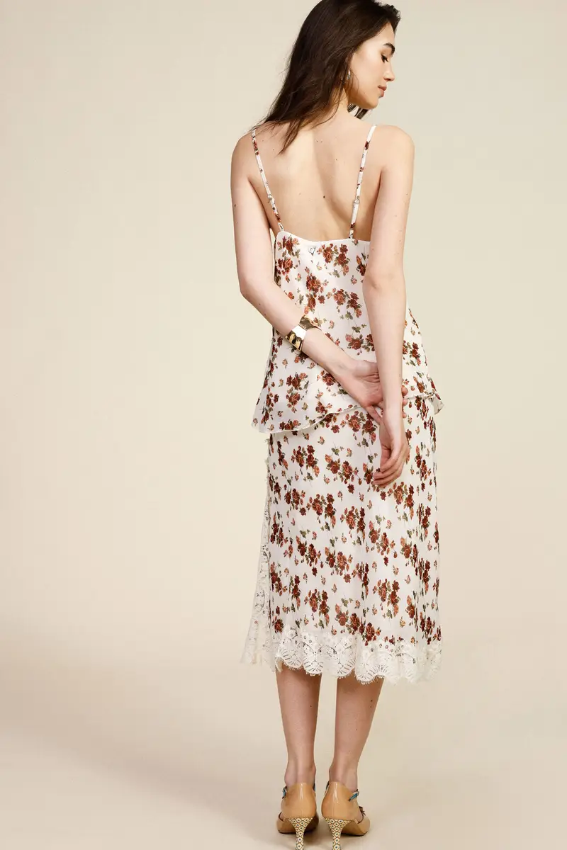 Gonna midi stampa fiori bordo in pizzo miniatura 3