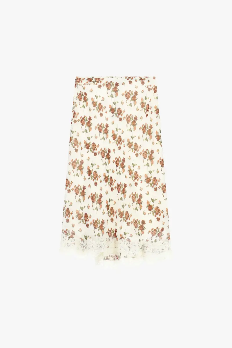 Gonna midi stampa fiori bordo in pizzo