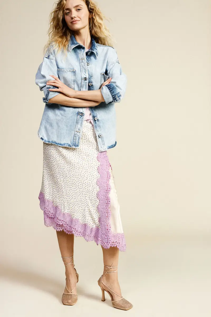 Gonna midi stampa pois con bordo in pizzo miniatura 2