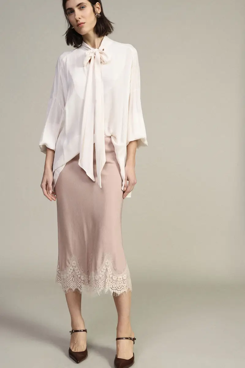 Gonna midi tinta unita con bordo in pizzo miniatura 2