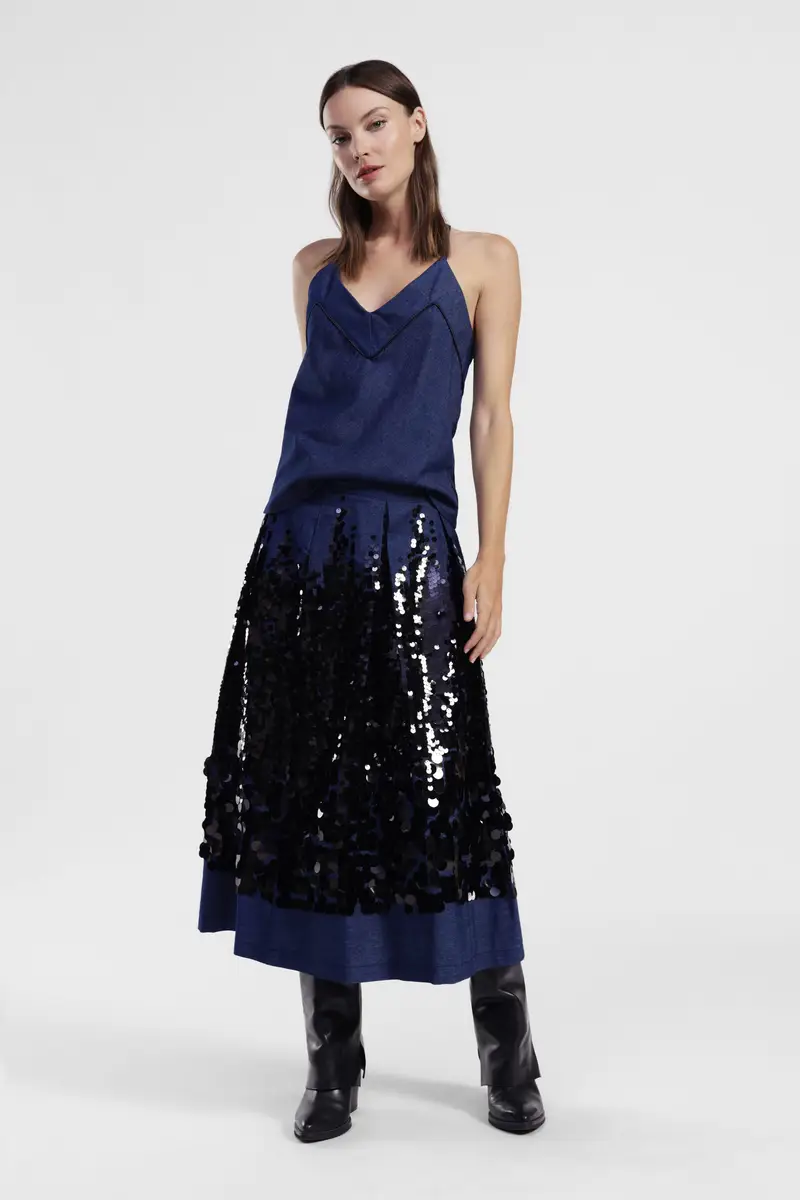 Gonna midi vita alta con maxi paillettes applicate miniatura 2