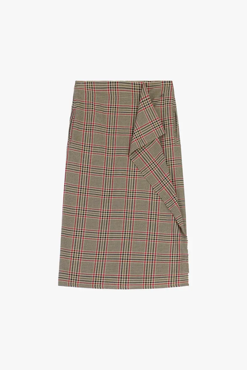 Gonna midi vita alta con motivo a quadri e drappeggio