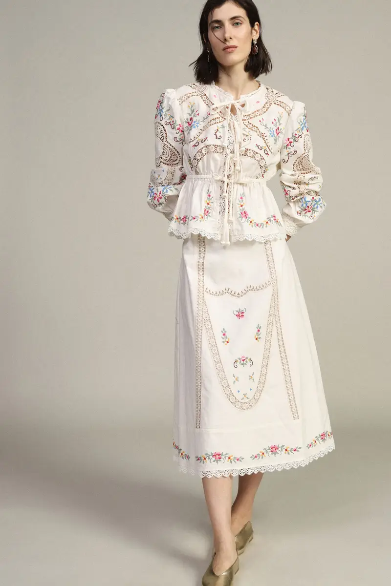 Gonna midi vita alta con ricami floreali miniatura 2