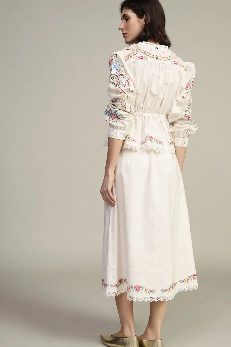 Gonna midi vita alta con ricami floreali miniatura 3