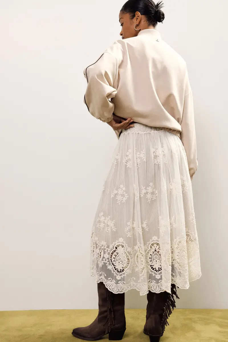 Gonna midi vita alta con ricami traforati miniatura 3