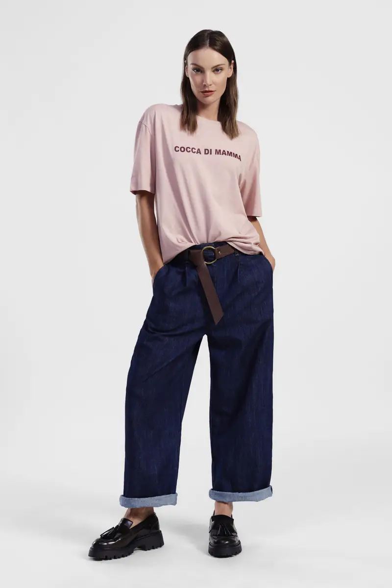 Jeans baggy vita alta con cintura e risvolto miniatura 2